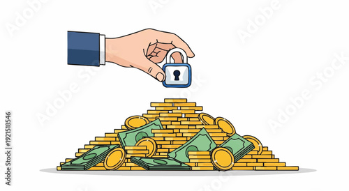 Illustration of a hand holding a padlock over a pile of gold coins and banknotes on a white background.