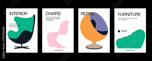 Set of modern posters featuring different design chairs in a clean minimal style. Perfect for interior decor, furniture branding, and contemporary wall art.