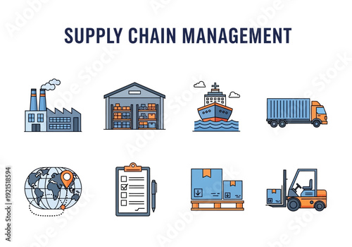 Supply Chain Management Icons Logistics, Warehousing, and Transportation Visuals