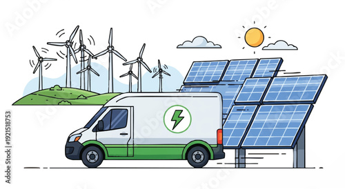 Illustration of an electric van with solar panels and wind turbines in a sunny landscape with green hill.