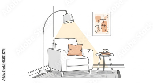 Modern armchair with floor lamp and side table illustration.