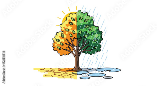 Illustration of a tree split in two, with one side green and sunny and the other orange and rainy, on a white background.