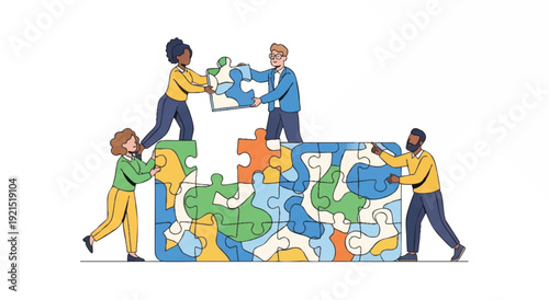 Four diverse people assembling a large jigsaw puzzle of the world map on a white background with a collaborative and problem-solving mood.