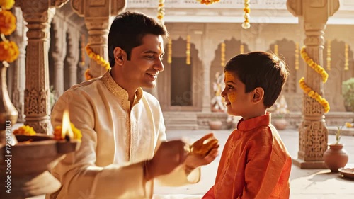 Father Applies Tilak To Son During Outdoor Ceremony With Marigold Garland Decor And Oil Lamp Lit