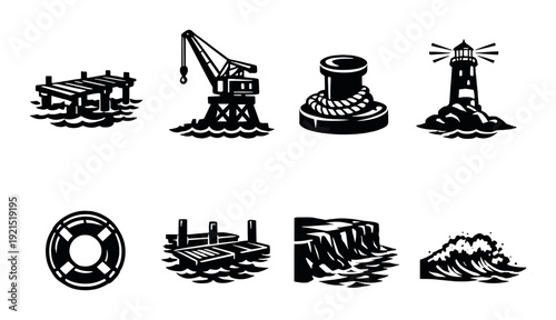 Pier crane and safety equipment icons near coastal structures