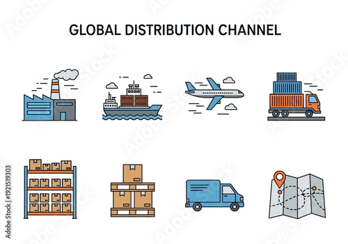 Global distribution channel icons representing logistics, shipping, and transportation in international trade