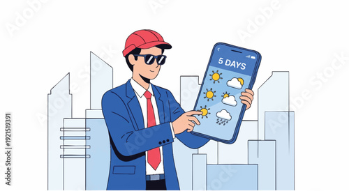 Illustration of a businessman in a blue suit and red cap holding a large smartphone with a weather app in front of a city skyline.