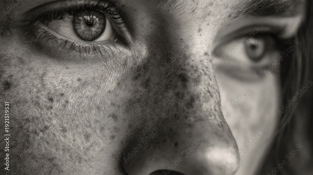 Naklejka premium Poor kid portrait in gloomy slum background concept. Close-up of a freckled face in black and white.