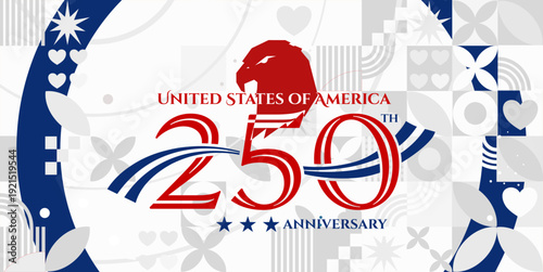 United states of america 250th anniversary banner, patriotic eagle with red blue and white geometric pattern, vector