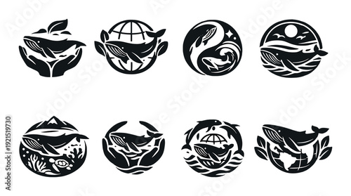 Whale illustrations in circular emblem designs on dark background