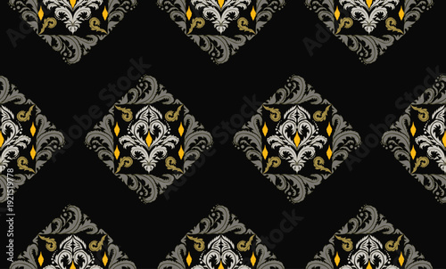 A seamless luxury baroque pattern featuring ornate floral motifs in gold, white, and black tones. Elegant vintage ornamental design suitable for textile printing, fashion fabric, wallpaper