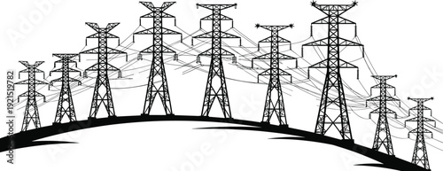 High voltage transmission towers silhouette spanning landscape, interconnected power lines illustrating electricity distribution network, energy infrastructure and industrial grid system concept