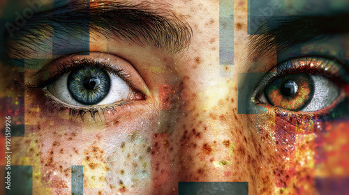 Mosaic of faces morphing men and women concept. Close-up of a person's eyes with abstract digital overlay.