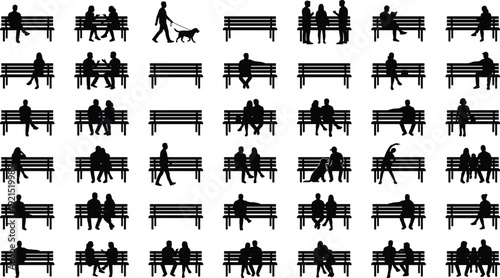 People sitting on park bench silhouettes collection, men and women in various poses including couples, friends and dog walker, urban outdoor lifestyle concept