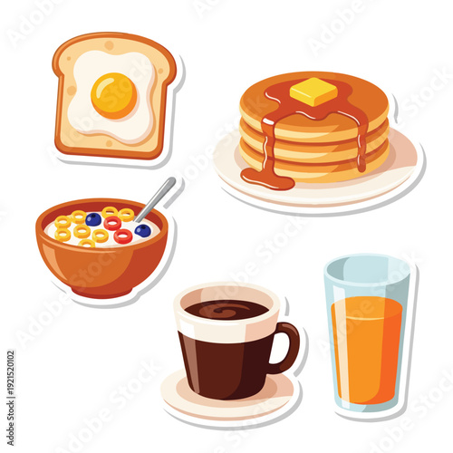 A colorful digital illustration of breakfast foods including toast with an egg, pancakes with syrup, cereal, coffee, and orange juice on a white background. Perfect for menus, food blogs,