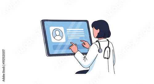 Female doctor in white coat interacting with a large computer monitor displaying a profile and text on a blue screen.