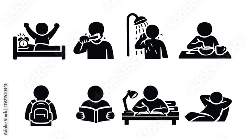 Morning routine icons with white highlights on dark surface