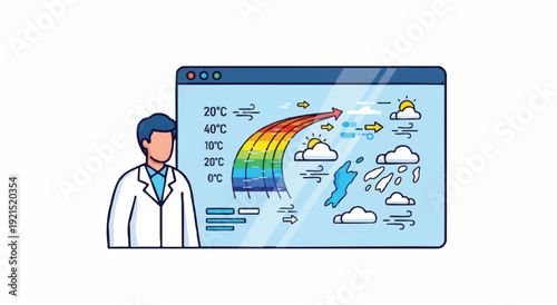 Illustration of a meteorologist presenting a weather forecast on a computer screen with various icons and temperature readings.