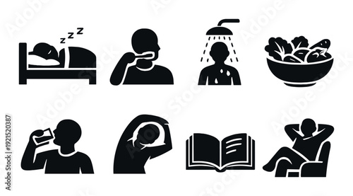 Morning routine icons showing daily activities on dark panel