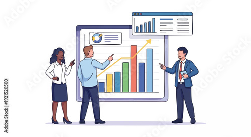 Three business professionals discussing a colorful bar graph on a large screen with a presentation slide in a corporate setting with a professional mood.