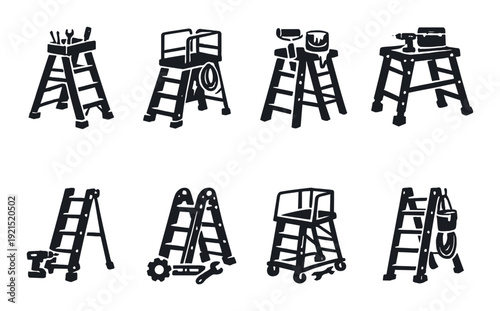 Various step ladders with tools and accessories in workshop