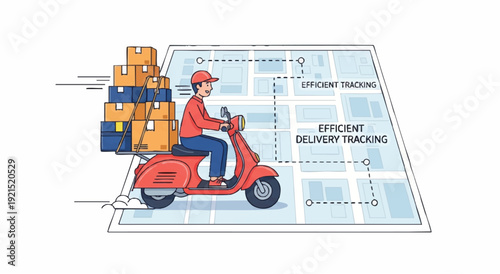 Illustration of a delivery person riding a scooter with packages on a map background showing efficient tracking and delivery routes.