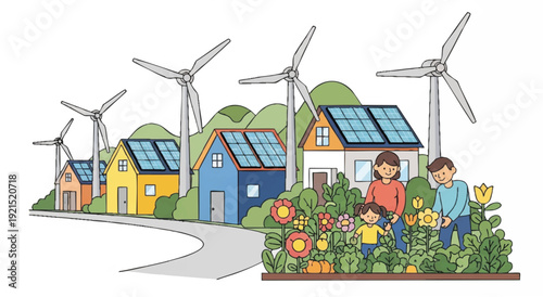 Illustration of a family standing in a garden with solar-powered homes and wind turbines in the background.