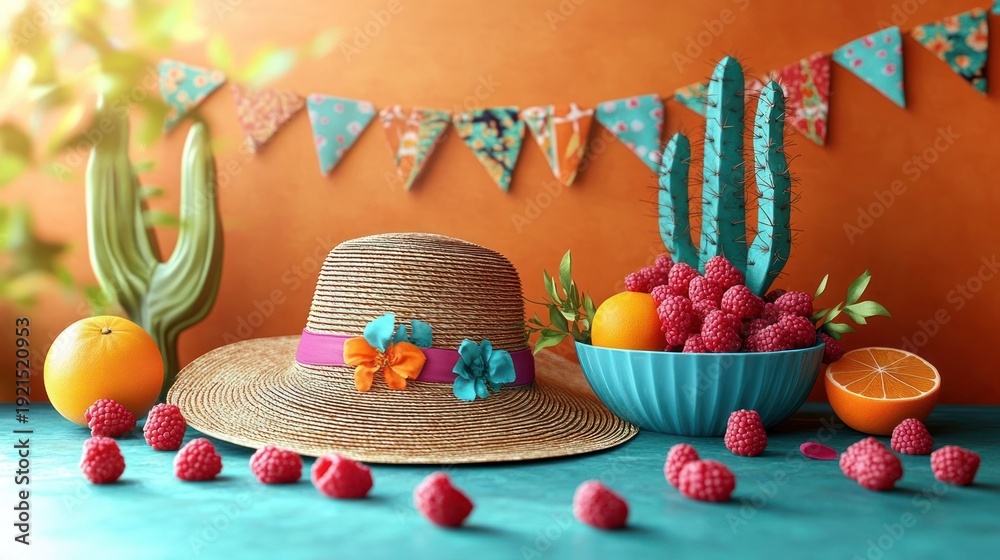 Fototapeta premium Bright summery still life with straw sun hat adorned with flowers, turquoise bowl overflowing with raspberries and oranges, scattered berries, decorative cacti and colorful bunting, cheerful vibe