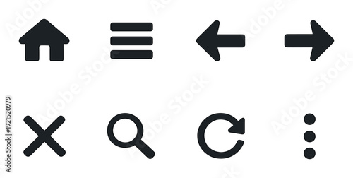Interface navigation icons for home menu arrows and controls on dark