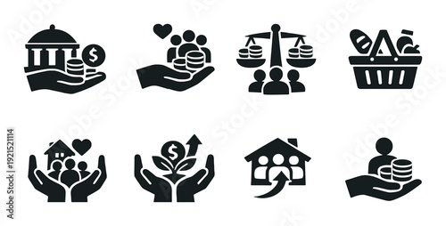 Social welfare and financial support icons showing hands and coins