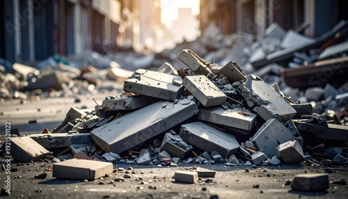 FlyPro Firefly detailed photographic pile of shattered concrete blocks and pulverized asphalt forming urban detritus