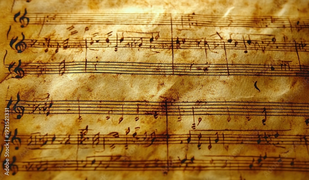Fototapeta premium close-up of aged parchment sheet music with treble clefs, handwritten musical notes and staff lines on a stained sepia surface conveying a nostalgic melancholic atmosphere
