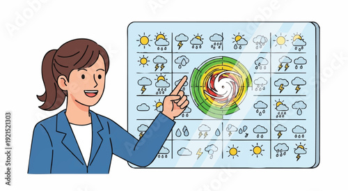 A cheerful young businesswoman pointing at a weather forecast graphic on a screen with various icons in a bright and clean setting.