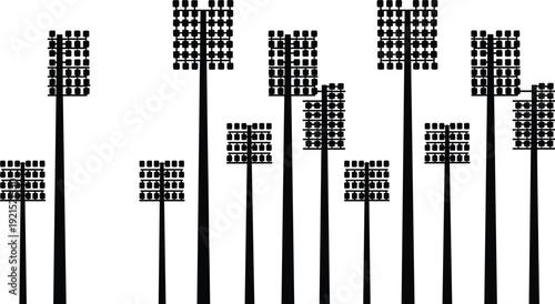 Vector silhouette collection of stadium floodlight towers and arena spotlight poles isolated on white background for sports field lighting and night event graphic design