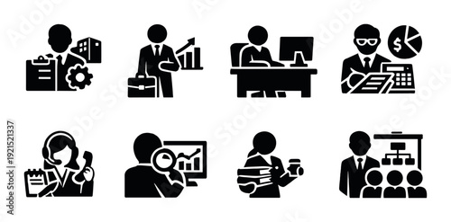 Business icons showing office roles and tasks on dark background