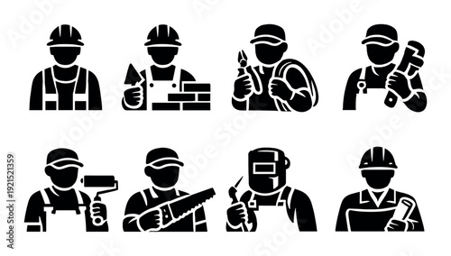 Construction worker icons showing trades and tools on dark background