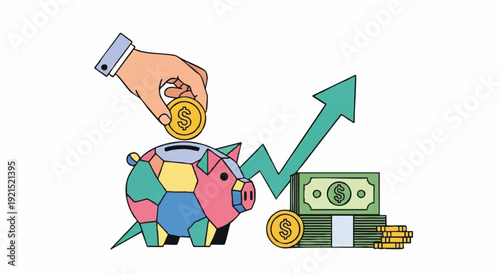 A hand putting a coin into a colorful piggy bank next to a stack of money and a rising green arrow on a white background.
