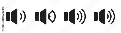 Collection of stylized speaker icons representing various sound volume settings and muted states in flat design