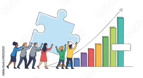 Diverse group of people collaboratively assembling a large puzzle piece next to a colorful bar graph with an upward trend on a white background.