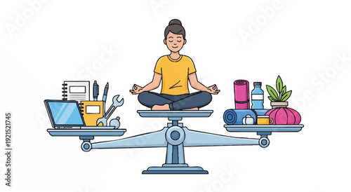 A cartoon woman in a yellow shirt sits meditating on a scale balancing work and personal life items.