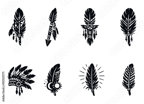 Decorated feathers and feathered ornaments on dark background