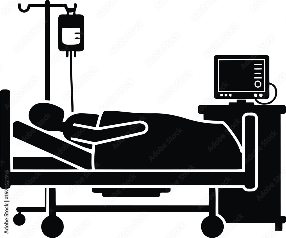 Fototapeta premium Medical Healthcare Vector Silhouette of Patient in Hospital Bed with Life Support Monitor and IV Drip for Intensive Care Unit ICU Treatment Concept