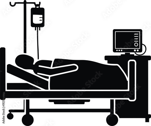 Medical Healthcare Vector Silhouette of Patient in Hospital Bed with Life Support Monitor and IV Drip for Intensive Care Unit ICU Treatment Concept