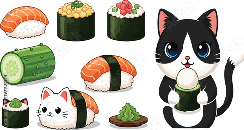 Whimsical Japanese Cuisine Illustration Set Featuring Tuxedo Cat Sushi Rolls Nigiri and Wasabi Accents