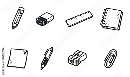 Desk stationery icons arranged on dark gradient background