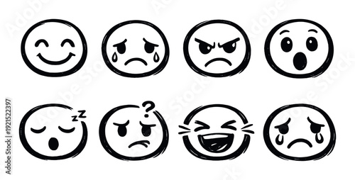 Eight emoticon faces showing various expressions on dark background