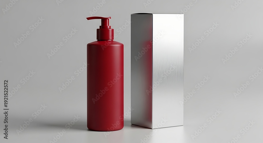 Obraz premium Red Lotion Bottle and Silver Box Product Mockup.