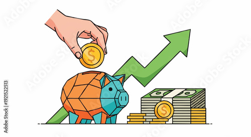 Illustration of a hand depositing a coin into a piggy bank with a green arrow and stacks of money and bills on a white background.