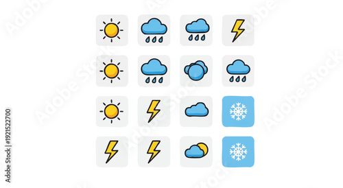 A collection of weather icons featuring sun, cloud, rain, lightning, and snow symbols on a white background with a flat lay composition.
