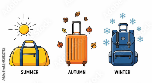 Graphic illustration of three suitcases and a duffel bag representing summer, autumn, and winter travel with seasonal icons on a white background.